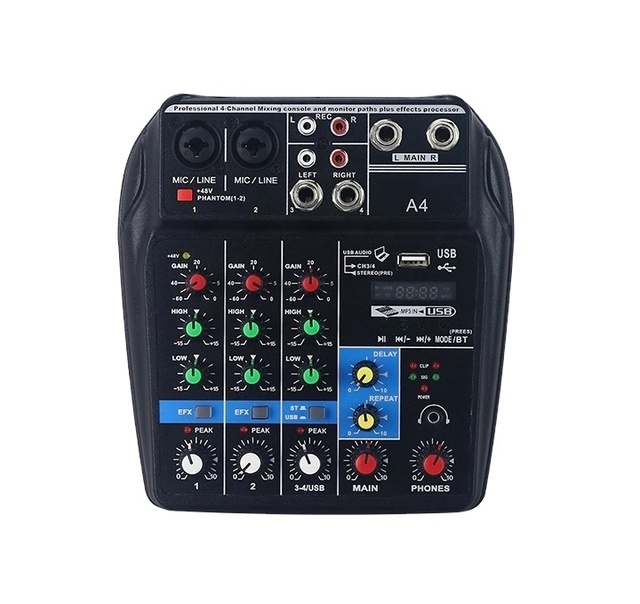 Mini 4-Channel USB Digital Mixer with 48V Phantom Power Black Plastic Live Studio Audio USB Mixer