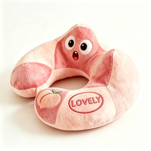 Almohada de Viaje Ergonómica en Forma de U, Personalizada con Diseño de Dibujos Animados de Ojos Grandes de Durazno Rosa, Bordada con Patrón de Durazno y la Frase LOVELY - Product Image 3