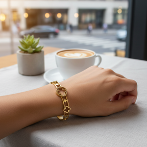 Gold Plated Stainless Steel Black <b>Clover</b> Tennis <b>Bracelet</b> Fashion Bangle - Product Image 4
