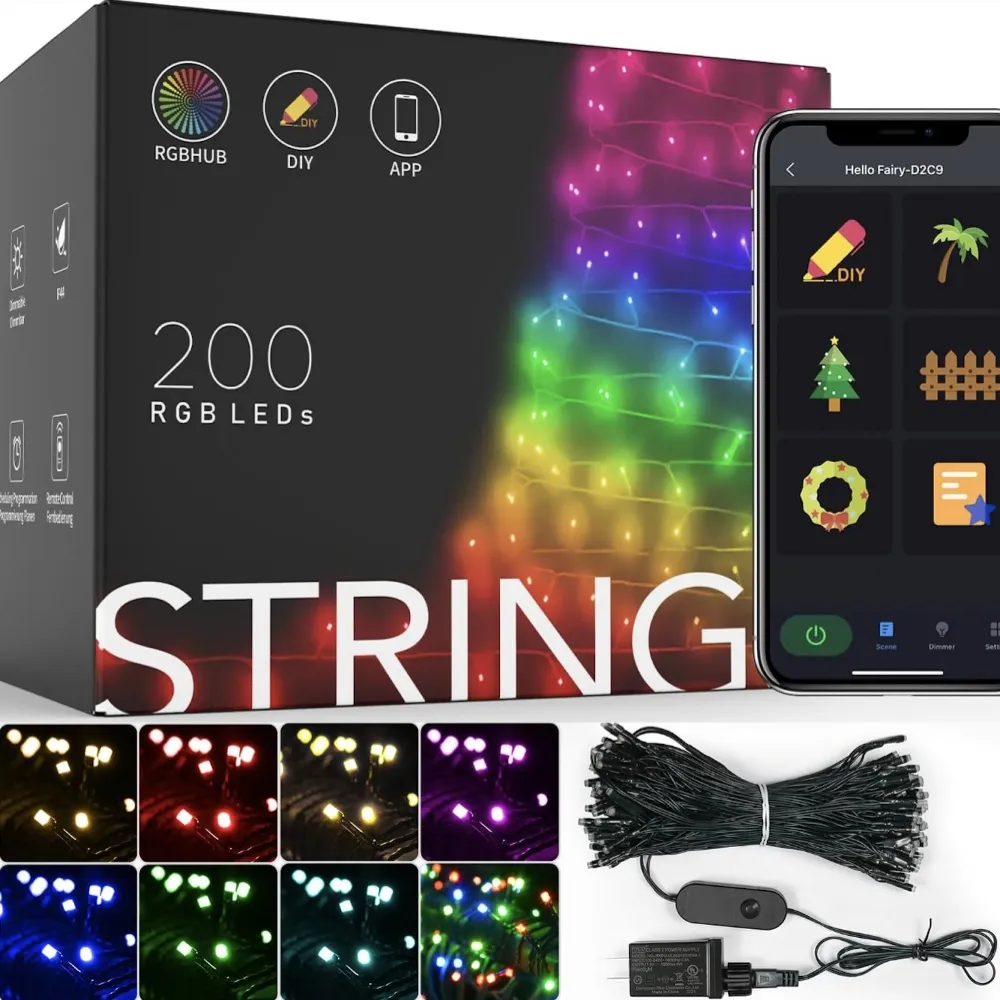 10M-80m 100-800 Leds App controlada con RGB para iluminación decorativa interior y exterior Luces de cuerdas de Navidad inteligentes
