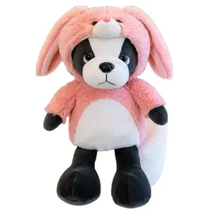 OEM Custom Design Stuffed Animal Doll Black Dog Plush Toys With Cute Big Ear Rabbit Clothes