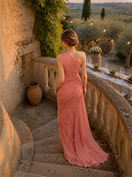 Robe de soirée longue en mousseline corail, asymétrique à une épaule, froncée avec appliques en dentelle, drapée, pour invitée de mariage et soirée, vente en gros