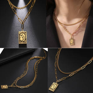 Mode vergoldet Doppel kette Rechteck Edelstahl Glück benutzer definierte <span class=keywords><strong>Tarot</strong></span> karte Anhänger Halskette - Product Image 5