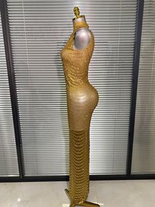 Abito Lungo da <span class=keywords><strong>Donna</strong></span> di Lusso per Feste, Vestito da Sera con Strass Dorati e Rete Trasparente per Performance sul Palco - Product Image 4