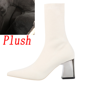 Botines Chelsea de Punto 100% de Fábrica para Mujer, Punta Puntiaguda, Tacón Cuadrado, Banda Elástica, Forro de Cuero Genuino, Transpirables, Otoño - Product Image 3