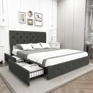 Bingkai tempat tidur kulit abu-abu, dengan tempat tidur penyimpanan modern minimalis kamar tidur furnitur kayu tempat tidur ganda