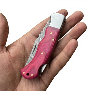 Couteau de poche pliant de survie de qualité industrielle en acier Damas, pointe droite, verrouillage arrière, manche en bois Pakka 58 - Product Image 3