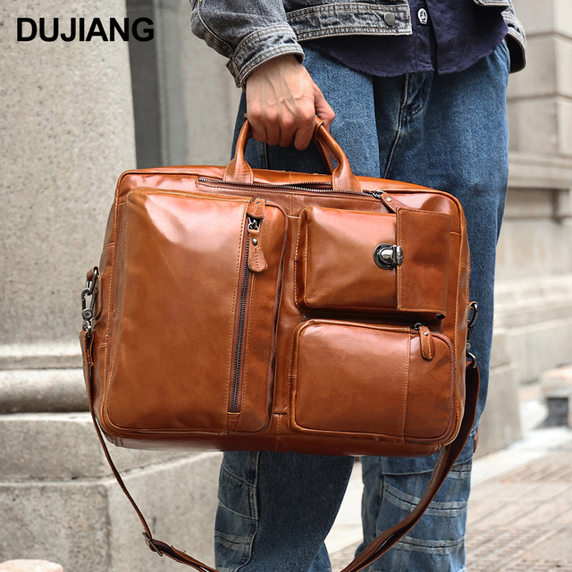 Vintage 17 Inch Laptop Bag for Men Travel Convertible Genuine Leather Briefcase Backpack Messenger Zipper Multifunctional