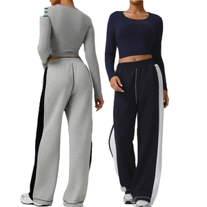 Pantalons de jogging en molleton de coton pour femmes en gros, taille haute, respirants, coupe-vent, décontractés, hiver, devant plat, teinture unie, cordon de serrage - Product Image 1