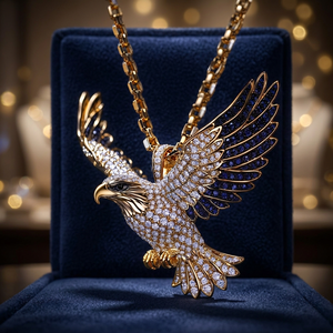 <b>Men</b> 22K Gold Plated Eagle Pendant <b>Necklace</b> With Crystal Rhinestones Figaro Chain Hiphop Style Everyday Wear - Product Image 2