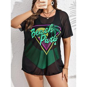 Women's <b>Plus</b> <b>Size</b> 3 Piece Tropical Graphic Mesh <b>Bikini</b> <b>Set</b> With Cover Up Crop Top High Waisted Swimwear - Product Image 3