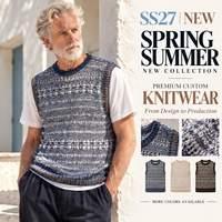 Gilet pull pour homme, logo personnalisé, OEM ODM, bleu marine, ajouré, tricoté au crochet, sans manches, col rond, style rétro, haut d'été