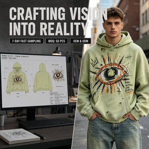 Sudadera con Capucha Corta Verde Claro Lavada Estilo Vintage con Estampado de Grafiti Ojo que Todo lo Ve, Desgastada y Rota, Oversize, Estilo Gótico Urbano - Product Image 2