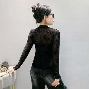 Autunno nuova t-Shirt a collo alto aderente a forma di <span class=keywords><strong>ragno</strong></span> floccante a manica lunga da <span class=keywords><strong>donna</strong></span> Sexy alla moda con camicia piccola - Product Image 4