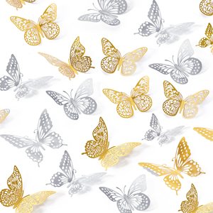 12 autocollants muraux 3D papillons Art Déco en papier doré pour décorations murales de fête d'anniversaire et de gâteaux - Product Image 1