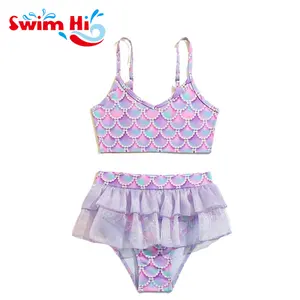 婴儿泳衣女孩美人鱼印花分层吊带顶部褶边底部泳衣两件套