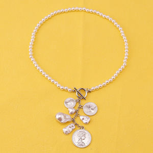 Collar de Perlas de Imitación Estilo Barroco Vintage con Colgante de Moneda y Borla, Cadena de Cuentas Estilo Europeo, Bañado en Oro Blanco, para Uso Diario - Product Image 3
