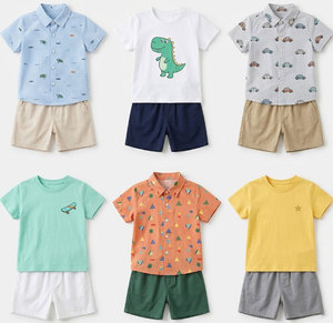 Ensembles de vêtements en coton pour bébés, hauts à manches courtes avec shorts, motifs à carreaux et nœuds de dinosaure, tenues d'été pour tout-petits filles et garçons - Product Image 3