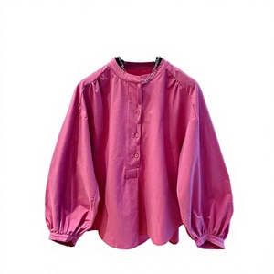 Blusa de Algodón Rosa con Cuello Mandarín Personalizada para Mujer |   Blusa Casual de Primavera/Verano de Color Sólido con Mangas Abullonadas y Corte Holgado |   OEM ODM - Product Image 2