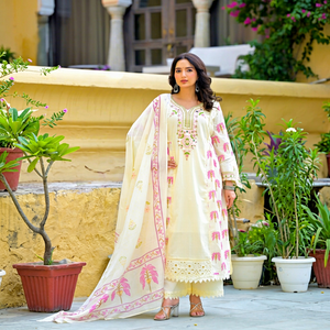 Stylish Womens Off <b>White</b> 60x60 Cotton Mirror <b>Work</b> Suit Set with Printed Kurta Palazzo <b>Trousers</b> and Soft Dupatta for Festive Wear - Product Image 1