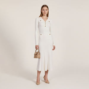 <span class=keywords><strong>Abito</strong></span> in Maglia a <span class=keywords><strong>Maniche</strong></span> <span class=keywords><strong>Lunghe</strong></span> con Colletto e Dettagli a Bottoni, Vestito Midi Aderente con Orlo <span class=keywords><strong>Svasato</strong></span> per Donna - Product Image 2