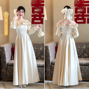Bridesmaid Dresses Long Sleeve Satin Sweetheart Neckline Natural Waist Daily Wear Simple Style 2025 Autumn Winter - Product Image 2