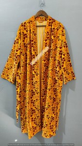 Floral Printed Long Kimono Robe With Collar Three Quarter Sleeve Yellow Polyester Wrap Style Spring Wear - Product Image 4
