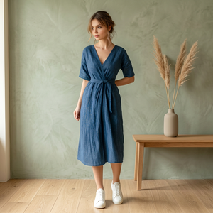 Precio de fábrica: Vestido midi de verano para mujer, 100% algodón, cintura alta, estilo vintage con lazo, transpirable, manga corta, corte holgado, teñido liso, hecho a mano, para uso diario. - Product Image 2