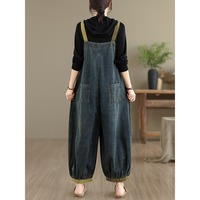 Nouvelle collection automne 2026 : Salopette en jean pour femme, color block olive, bretelles, coupe ample, jambe ballon, style décontracté, taille plus