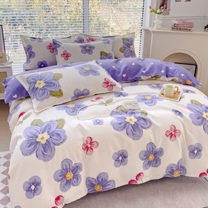 In Vải 4 Pcs Bộ Đồ Giường Đặt Được Trang Bị Tấm Ga Giường <span class=keywords><strong>King</strong></span> Kích Thước Tấm Giường Sâu Được Trang Bị Tấm Gối Trường Hợp Màu Tím Hoa Bộ Đồ Giường Đặt - Product Image 3