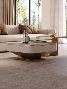 Meuble TV de luxe en bois et marbre et ensemble de table basse carré de salon avec tiroirs flottant blanc grand meuble design - Product Image 2