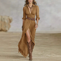 Robe longue maxi vintage décontractée et sexy pour femme, à manches longues, avec fente haute, boutonnée, en spandex, unie, style bohème occidental, froncée, avec ceinture, pour printemps, été, automne