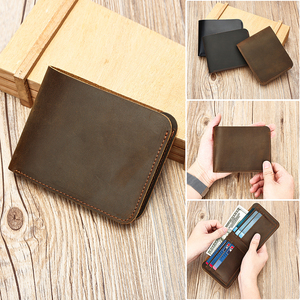 Cartera corta plegable de cuero Crazy Horse de diseñador, tarjetero, Cartera de cuero genuino para hombre - Product Image 1