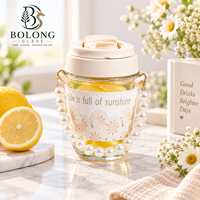 Gobelet en verre personnalisé avec logo, poignée en perles, couvercle à rabat imprimé marguerite, 350 ml, détachable, mignon, cadeau, thé, café, Bolong