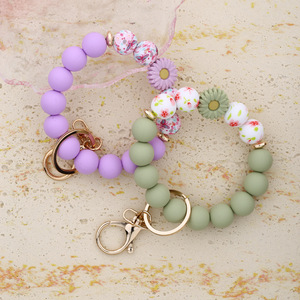 Personalized <b>Silicone</b> <b>Beaded</b> Keychain Bracelet with Daisy Charm and Carabiner Clasp Halloween-Themed High Quality Pastel Colors - Product Image 4