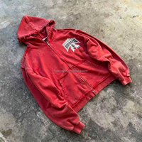 Sudadera con capucha roja lavada con cremallera y logotipo personalizado, fabricante OEM ODM de marca privada, estilo vintage desgastado, de gran gramaje, proveedor mayorista