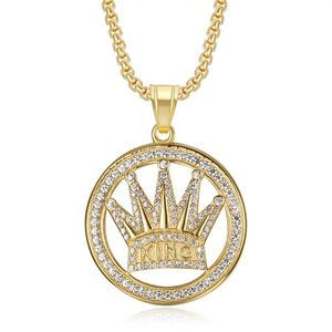 <b>King</b> <b>Crown</b> Round Pendant Necklace Stainless Steel Gold Plated Rhinestone Men's Hip Hop Jewelry Gift - Product Image 1