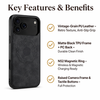 Étui magnétique pour iPhone 17 et 18, en cuir PU vintage noir mat avec cadre en TPU et plaque arrière en PC, compatible avec la charge sans fil et aimant N52