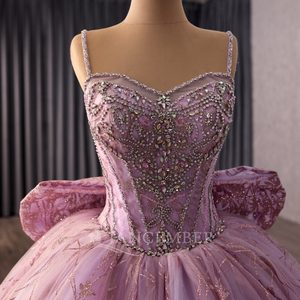 261002 Robe de bal moderne à bretelles spaghetti avec nœud, ornée de perles et de cristaux, en dentelle, taille naturelle, pour jeunes filles de 16 ans, longueur ras du sol, avec perles - Product Image 5