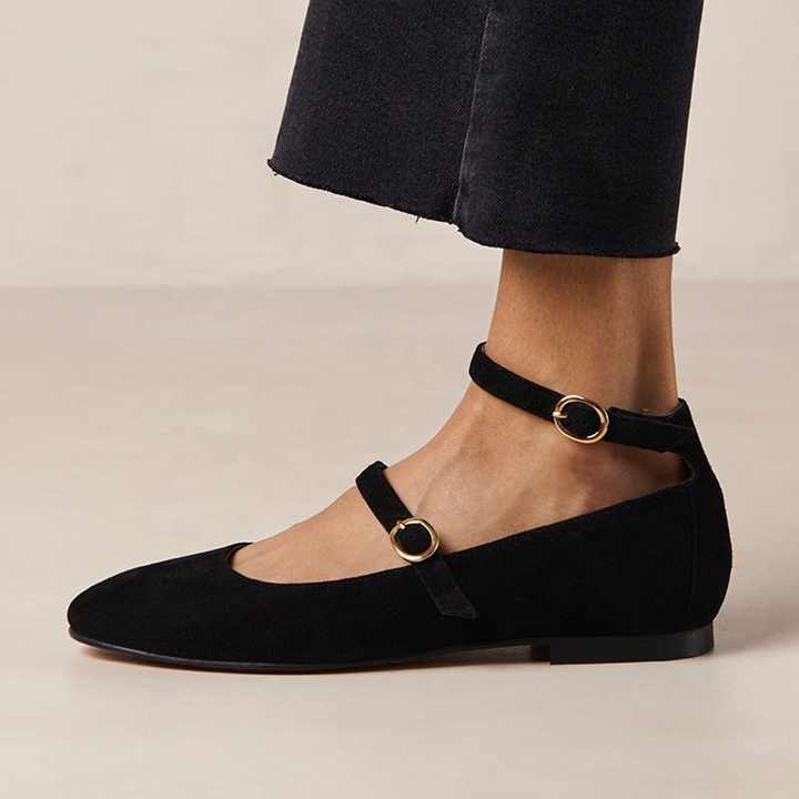 Dubbele Gesp Schoenen Zwart Suède Lederen Ballerina Mary Jane Ballet Flats  Enkelband| Alibaba.com