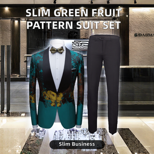 Costume d'affaires 2 pièces pour homme, coupe ajustée, vert fruité, à motif large, avec col, fermeture éclair simple et respirant, tendance - Product Image 2