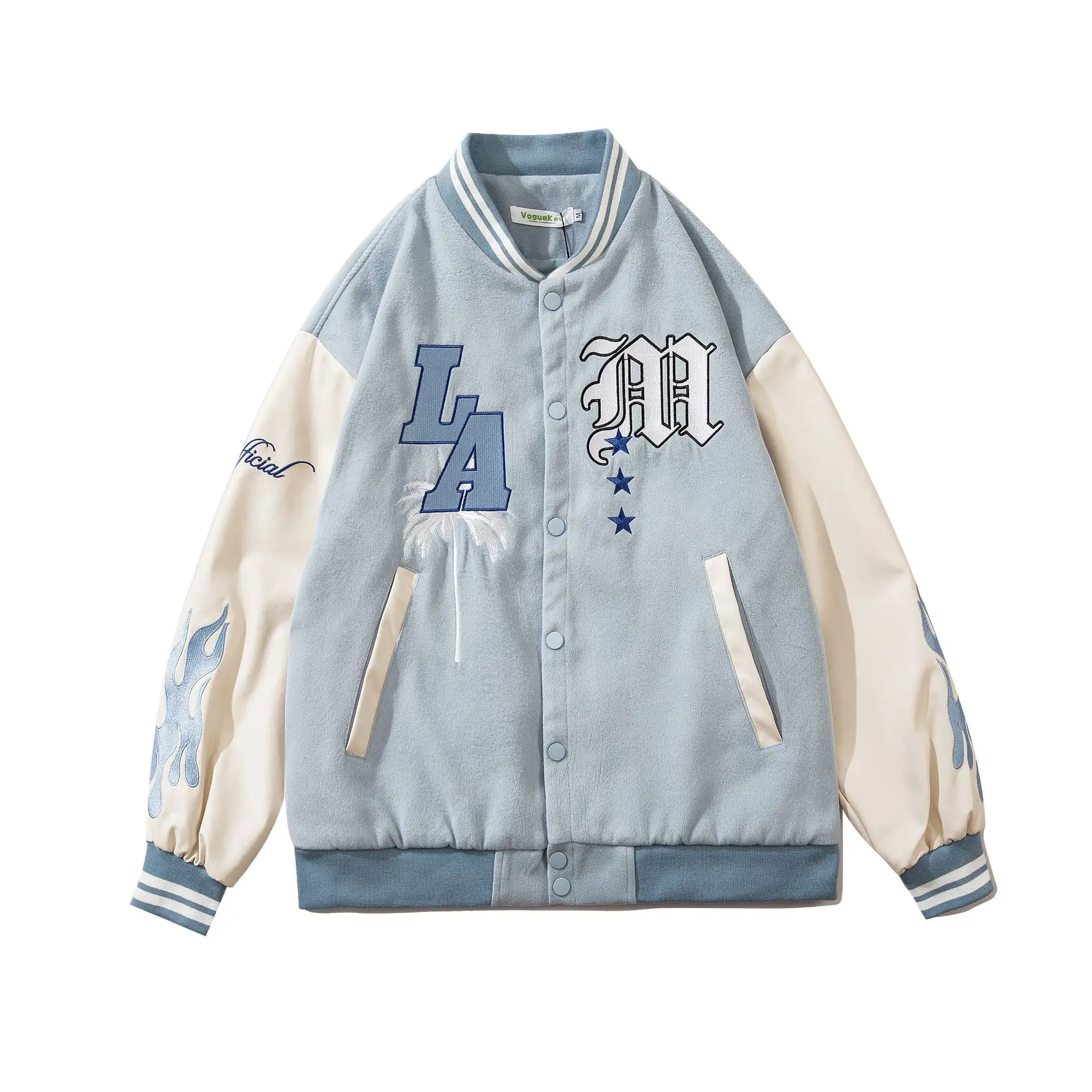 Wholesale Men Bulk Varsity Jackets Custom Leather Sleeves Light Blue Baseball High Quality Coat Logo Jackets