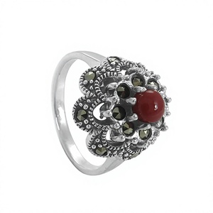 Anillo Vintage de Plata 925 con Coral Rojo y Pavé de Marcasita para Uso Diario Femenino - Product Image 2