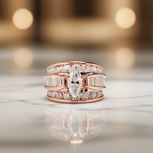 Bague en or rose plaqué or avec diamant naturel pour femme, pierre centrale taille marquise et diamants baguette, bague de fiançailles classique et élégante - Product Image 2