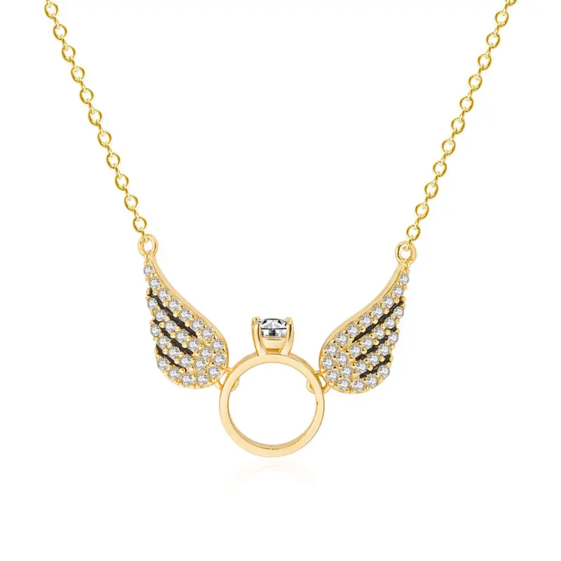 GT-colgante de anillo de ala chapado en oro de 14K para mujer, cadena de clavícula, gargantilla de Ángel, collares de plata de ley 925 para mujer