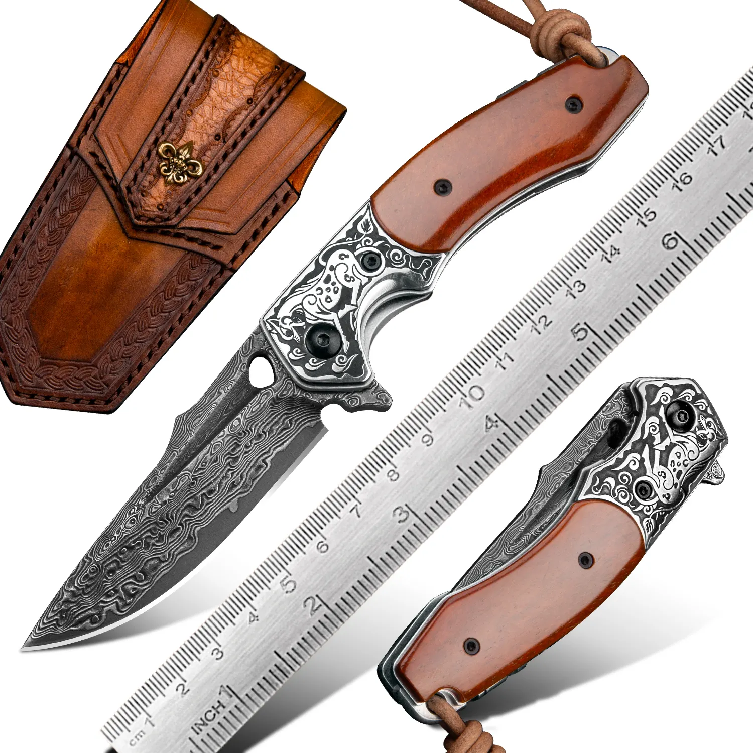 Bone Handle Hunting with Leather Sheath Tactical Damascus Steel Folding Knife EDC Outdoor Pocket Knives for Men