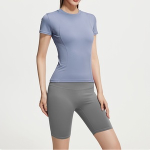 Camiseta de Yoga de Manga Corta para Mujer, Sólida, Delgada, de Secado Rápido, Transpirable, Cintura Elástica, Cintura Alta, Traje Deportivo para Correr y Hacer Ejercicio - Product Image 1