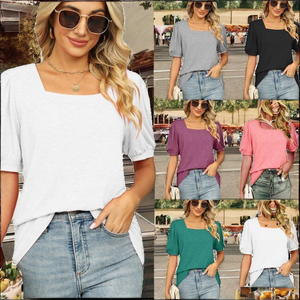T-shirt décontracté pour femme J1, best-seller, couleur unie, en polyester, col rond, manches courtes froncées papillon, anti-boulochage, tricoté - Product Image 2