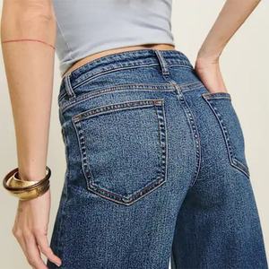 Jeans pour femmes en gros, sur mesure, grande taille, coupe ample, jambe large, taille et hanches élastiques, tissu denim, imprimé classique, logo pour femmes - Product Image 5
