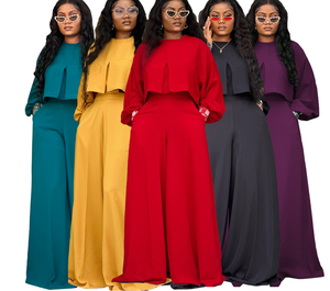 Yuhong - Conjunto de 2 Piezas para <span class=keywords><strong>Mujer</strong></span>, Estilo Europeo Americano, Dulce y Elegante, Primavera-Verano, Cuello Alto, Manga Larga, Adornado con Cuentas, Transpirable, Pantalones Anchos de Poliéster - Product Image 1